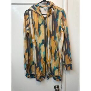 LOGO Lounge Lori Goldstein Abstract Print Zip Up Hoodie Mustard Teal Medium